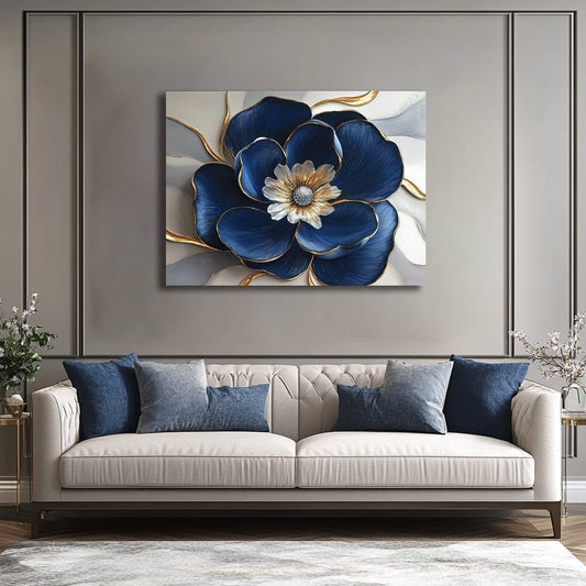 Royal Petal Radiance – Blue & Gold Floral Canvas Wall Art - Sense for Decor