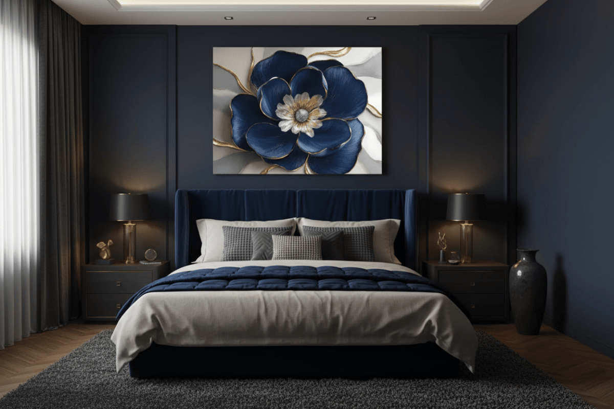 Royal Petal Radiance – Blue & Gold Floral Canvas Wall Art - Sense for Decor