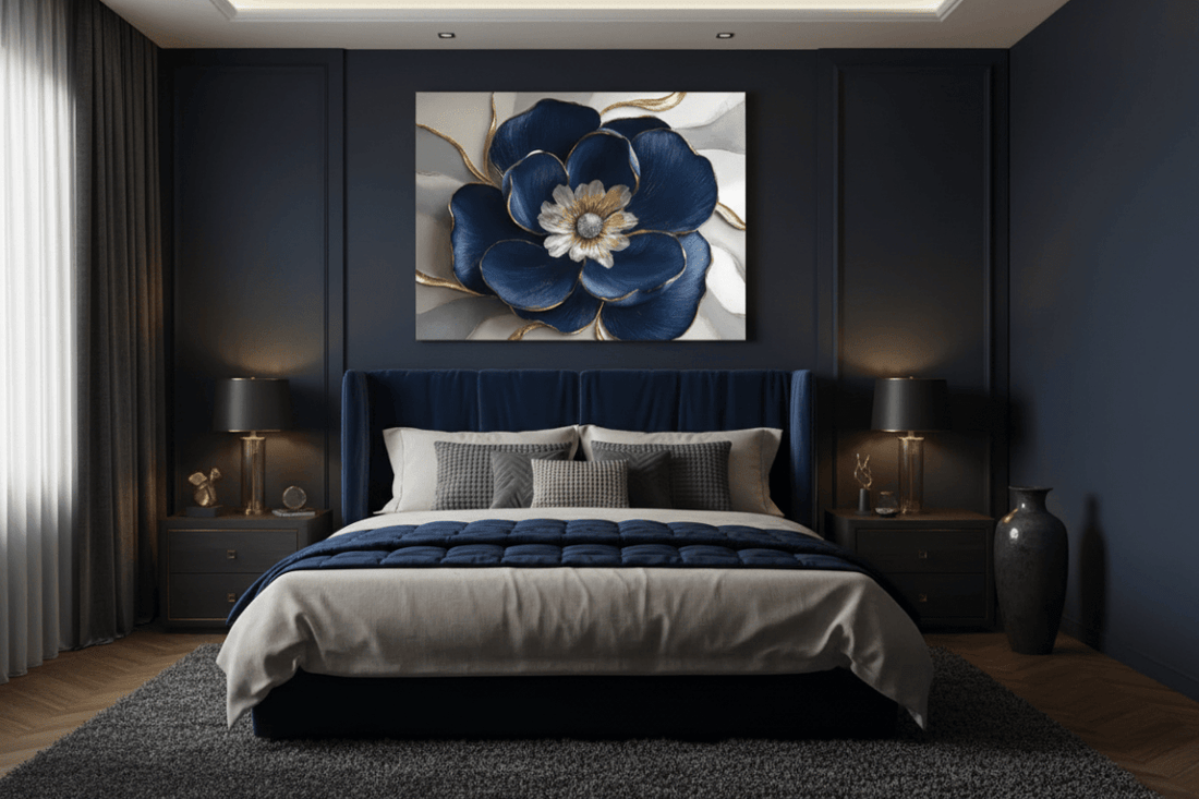 Royal Petal Radiance – Blue & Gold Floral Canvas Wall Art - Sense for Decor