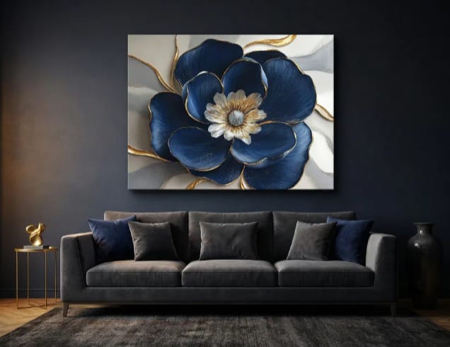 Royal Petal Radiance – Blue & Gold Floral Canvas Wall Art - Sense for Decor