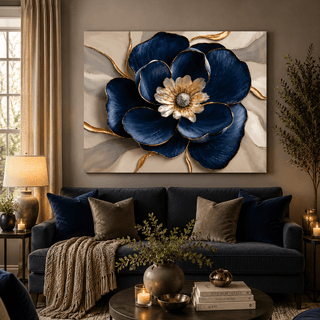 Royal Petal Radiance – Blue & Gold Floral Canvas Wall Art - Sense for Decor