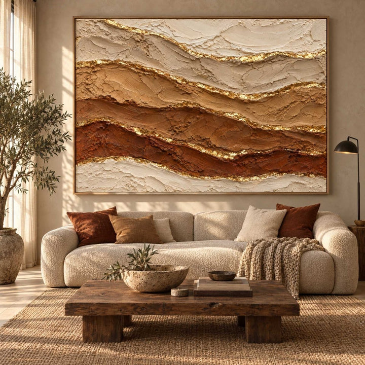 Rust and Gold Wall Art – Oversized Desert Strata Layered Textured Look Canvas for Living Room - Sense for Decor