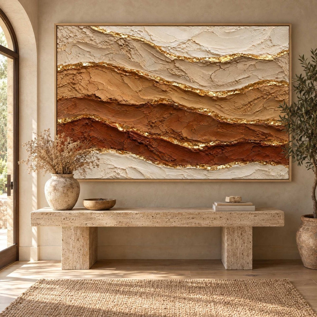 Rust and Gold Wall Art – Oversized Desert Strata Layered Textured Look Canvas for Living Room - Sense for Decor