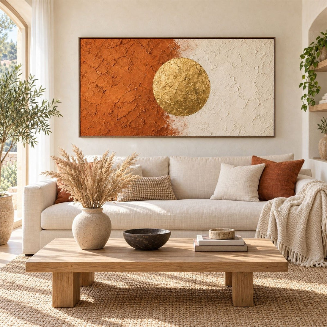 Rust and Gold Wall Art – Oversized Panoramic Minimalist Sun Textured Look Canvas for Living Room - Sense for Decor