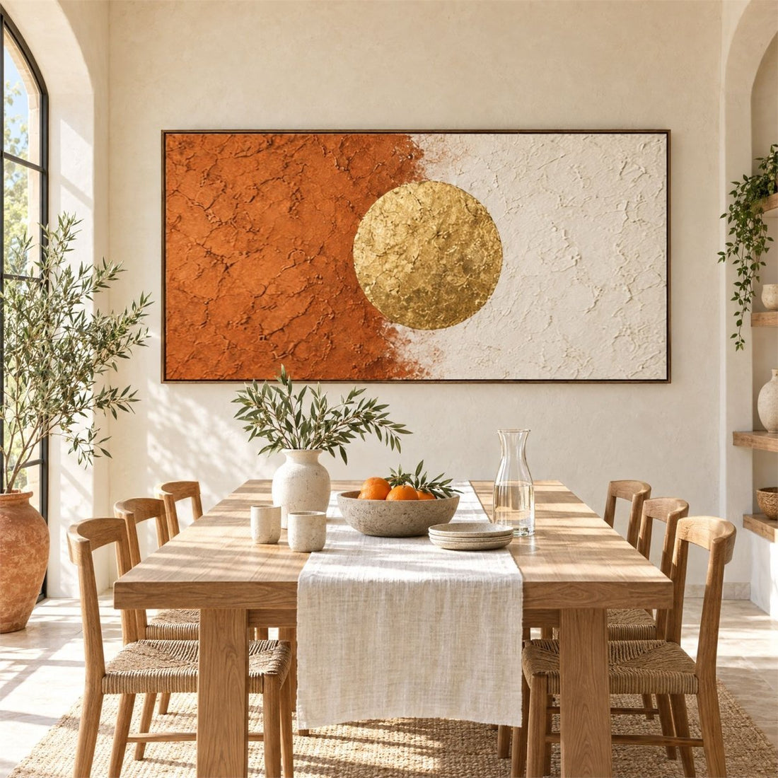 Rust and Gold Wall Art – Oversized Panoramic Minimalist Sun Textured Look Canvas for Living Room - Sense for Decor