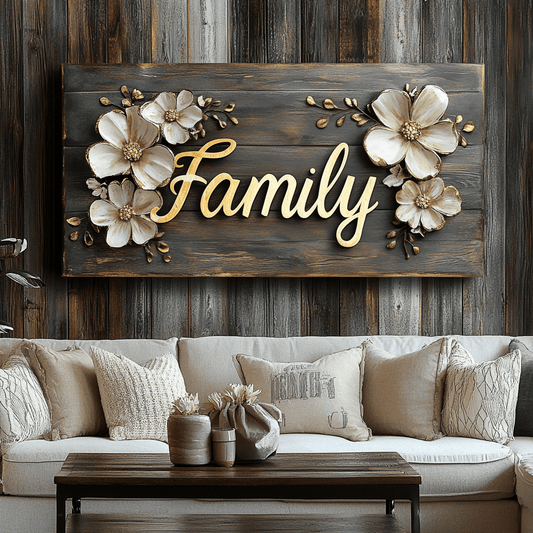 Rustic Family Canvas – Farmhouse Style Wall Decor with Floral Accents - Sense for Decor