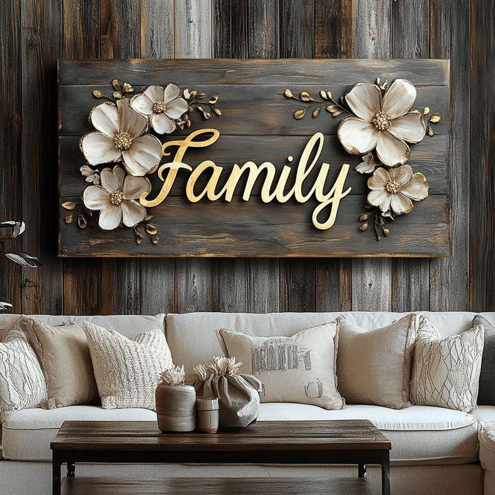 Rustic Family Canvas – Farmhouse Style Wall Decor with Floral Accents - Sense for Decor