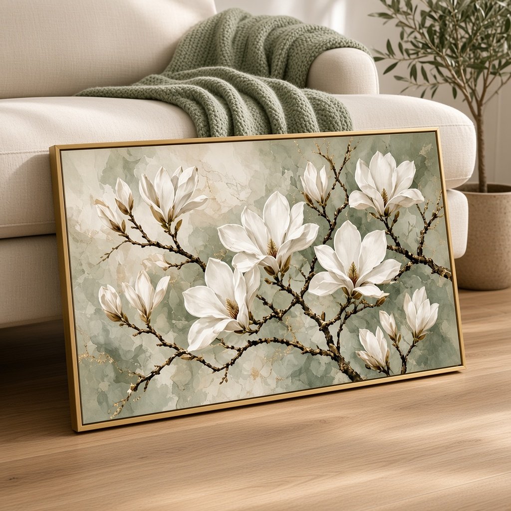 Magnolia canvas leaning beside a sofa, close up