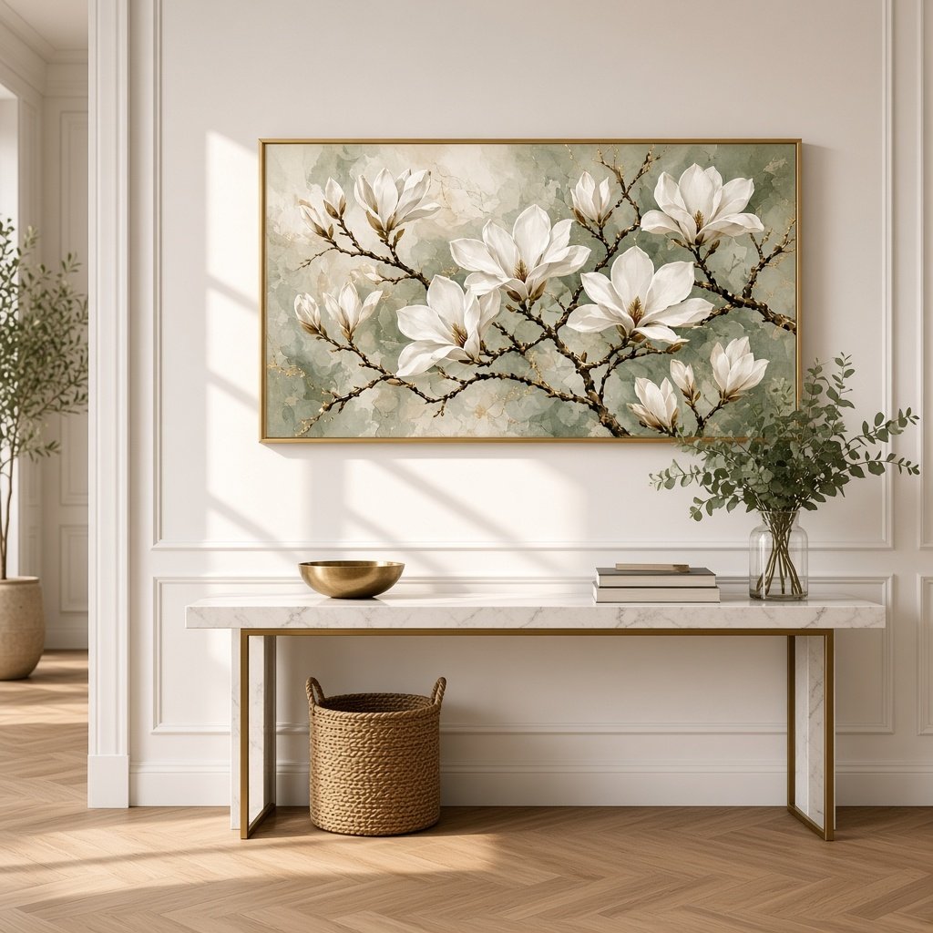 Magnolia wall art above an entryway console