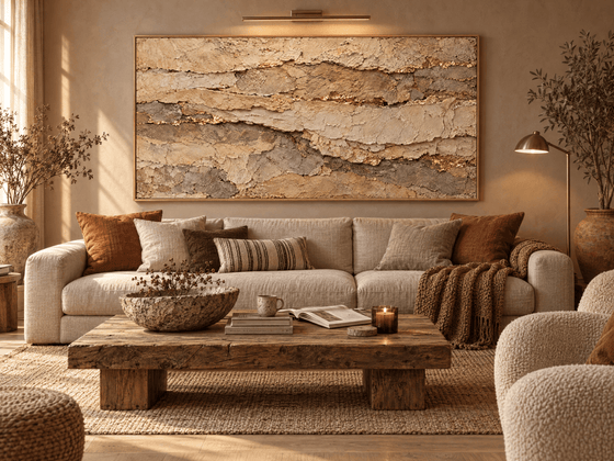 Sandstone Wall Art – Oversized Beige and Gold Layered Stone Textured Look Canvas for Living Room