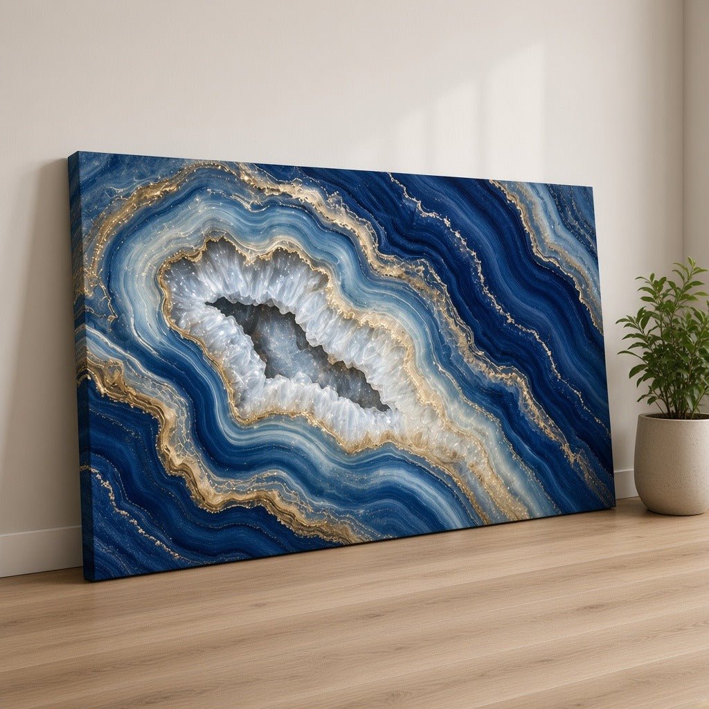 Sapphire and Gold Agate Wall Art – Oversized Panoramic Navy Blue Geode Textured Look Canvas for Living Room - Sense for Decor