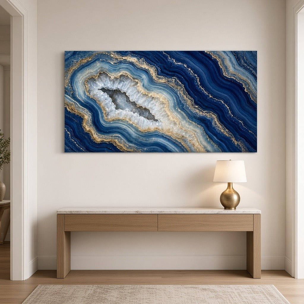 Sapphire and Gold Agate Wall Art – Oversized Panoramic Navy Blue Geode Textured Look Canvas for Living Room - Sense for Decor