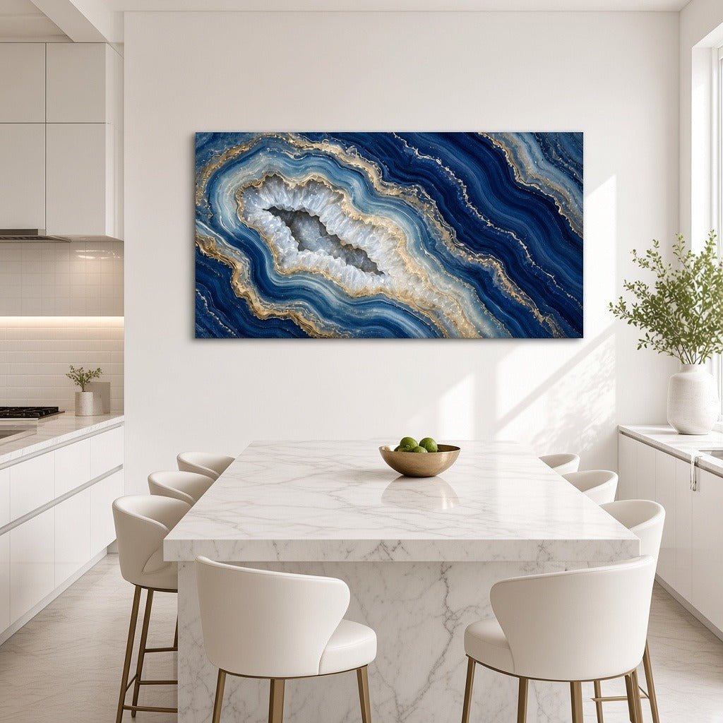 Sapphire and Gold Agate Wall Art – Oversized Panoramic Navy Blue Geode Textured Look Canvas for Living Room - Sense for Decor