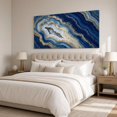 Sapphire and Gold Agate Wall Art – Oversized Panoramic Navy Blue Geode Textured Look Canvas for Living Room - Sense for Decor