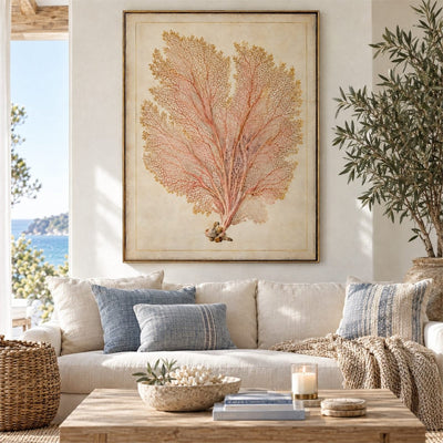 Sea Fan Wall Art – Oversized Coral Pink and Gold Vintage Botanical Canvas for Living Room - Sense for Decor