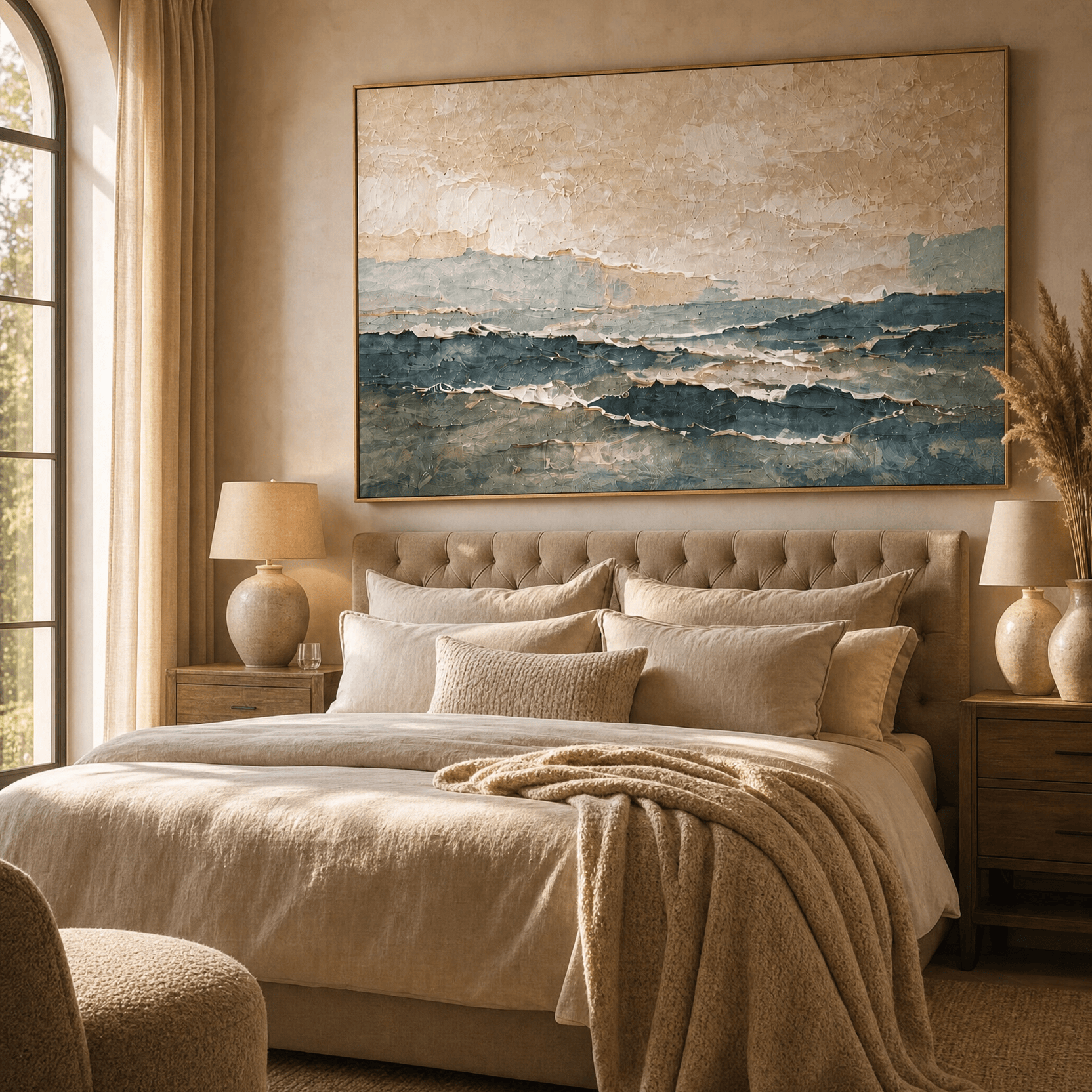 Neutral Landscape Wall Art | Hand-Embellished Canvas | Warm Earth Tone Abstract Seascape | Large Textured Painting