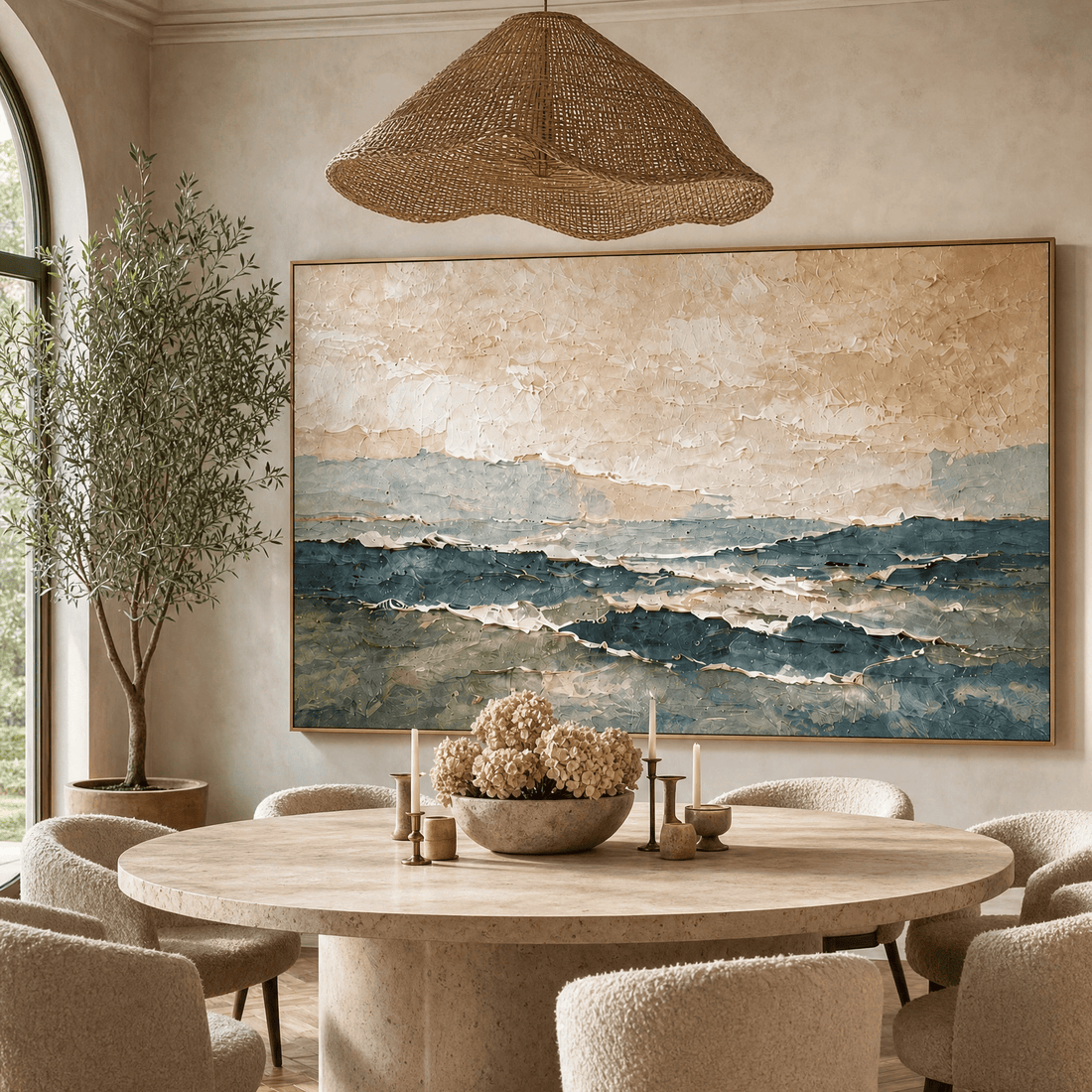 Neutral Landscape Wall Art | Hand-Embellished Canvas | Warm Earth Tone Abstract Seascape | Large Textured Painting