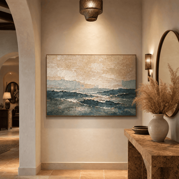 Neutral Landscape Wall Art | Hand-Embellished Canvas | Warm Earth Tone Abstract Seascape | Large Textured Painting