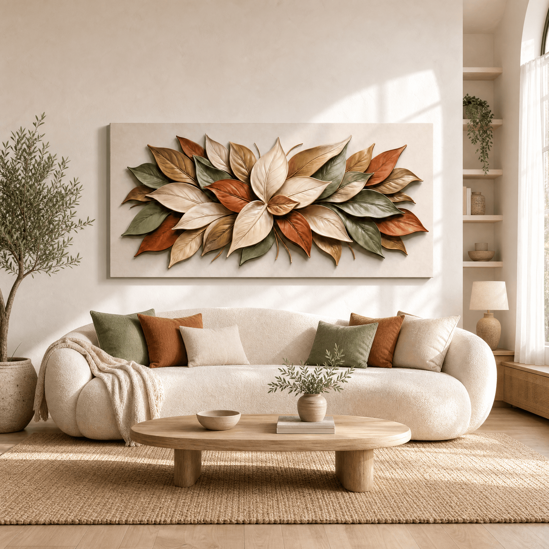 Panoramic magnolia leaf relief canvas in cream, sage and terracotta hung above a cream sofa in a sunlit living room