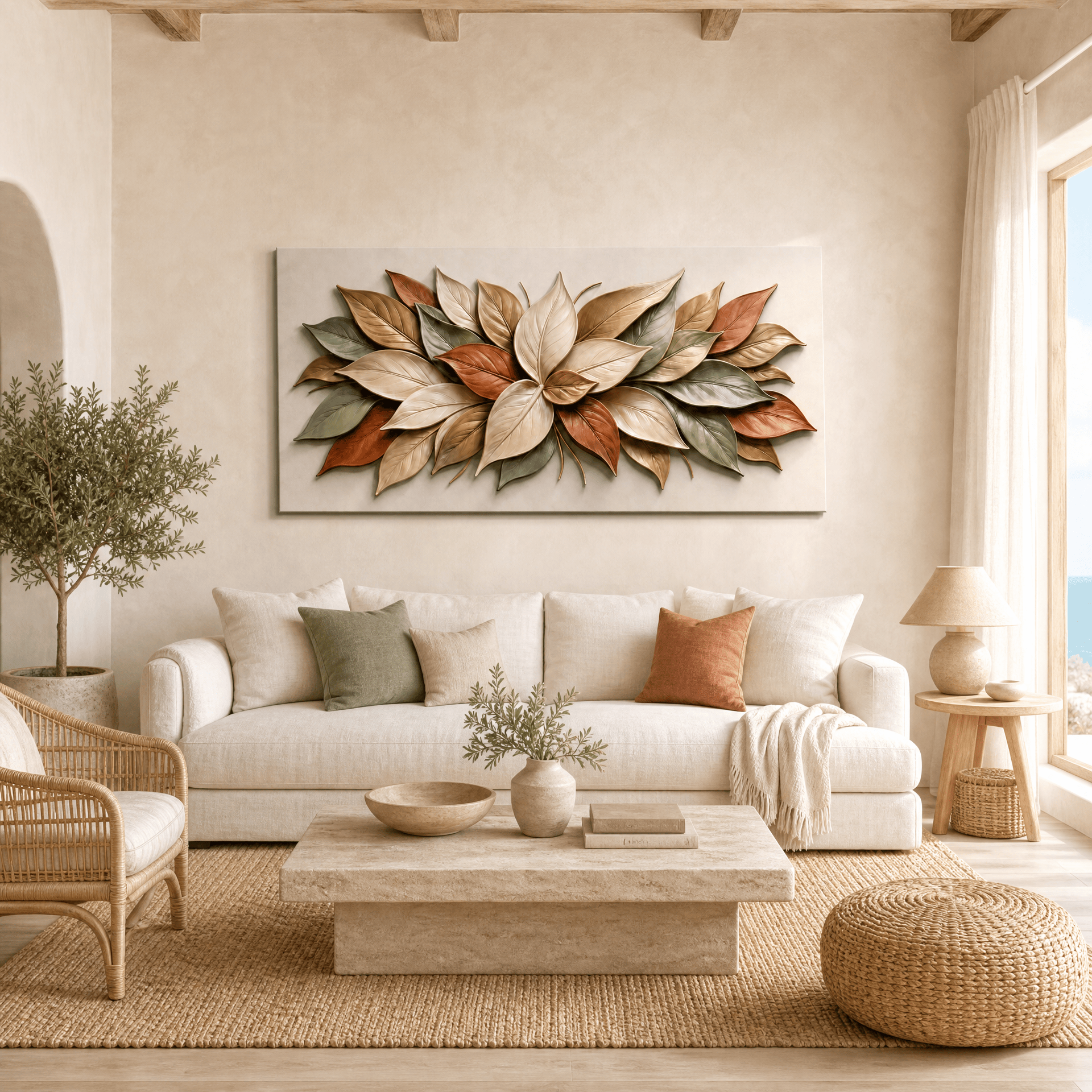Textured magnolia leaf wall art in warm neutrals above a linen sofa in a coastal living room with an olive tree