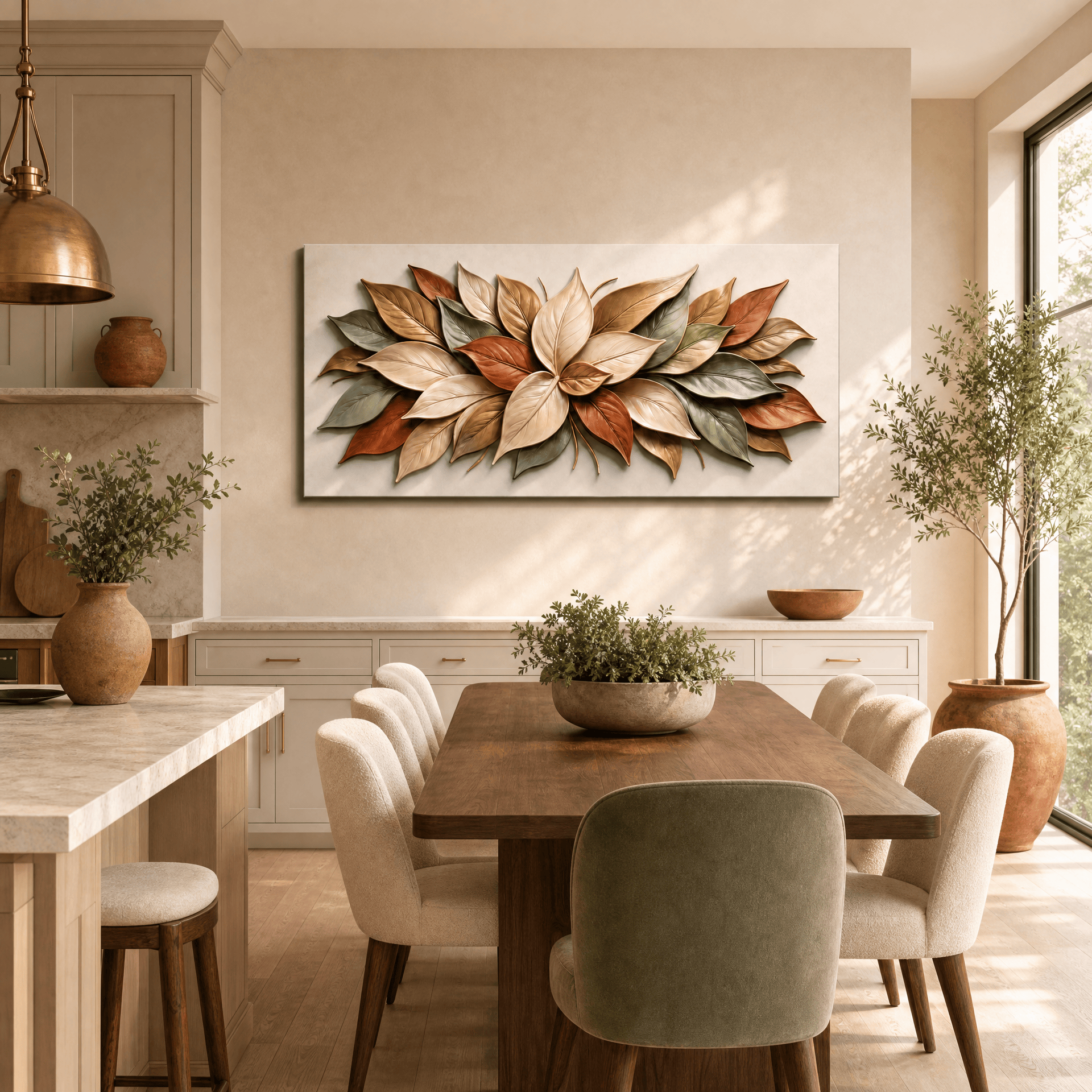 Cream and terracotta magnolia leaf canvas on the wall of a warm kitchen dining room above a walnut table