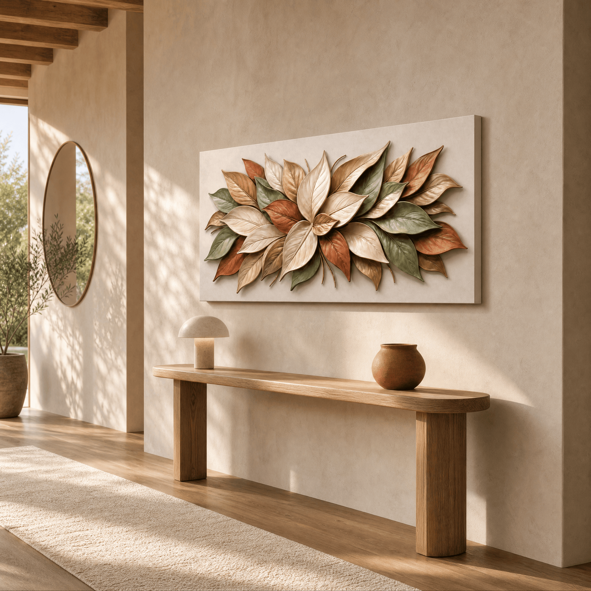 Panoramic magnolia leaf relief canvas above an oak console bench in a sunlit plaster entryway