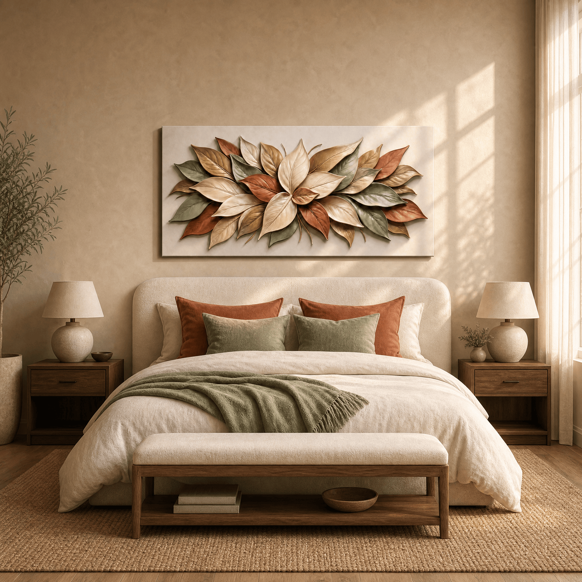 Sculptural magnolia leaf canvas in sage and terracotta hung above an upholstered bed with green and rust cushions