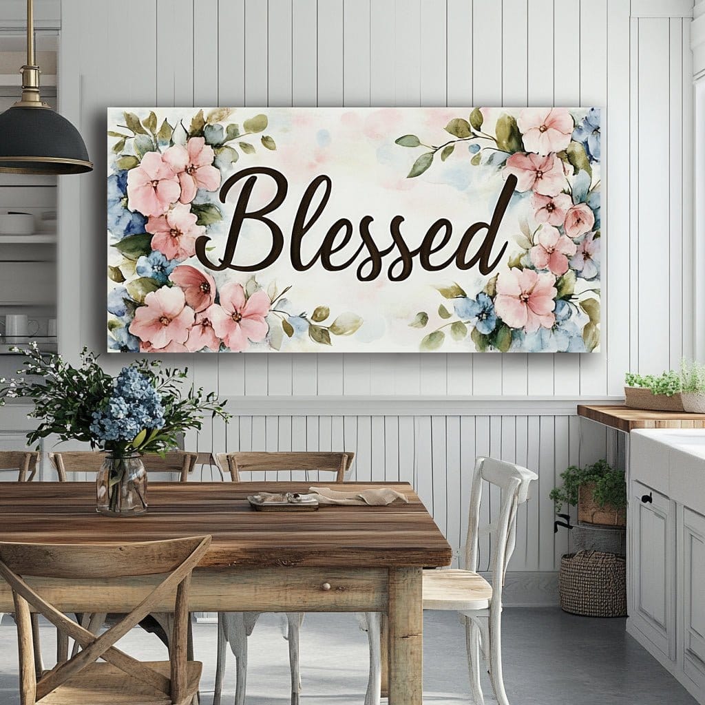 Soft Grace – Pink & Blue Floral “Blessed” Wall Art Canvas - Sense for Decor