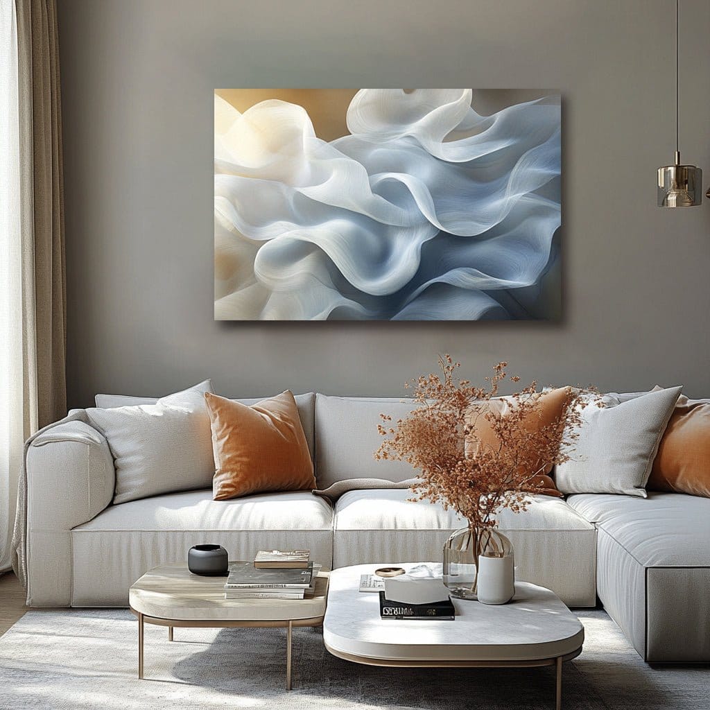 Soft Wave Abstract Wall Art – Airy White & Blue Canvas for Modern Living Room Decor - Sense for Decor
