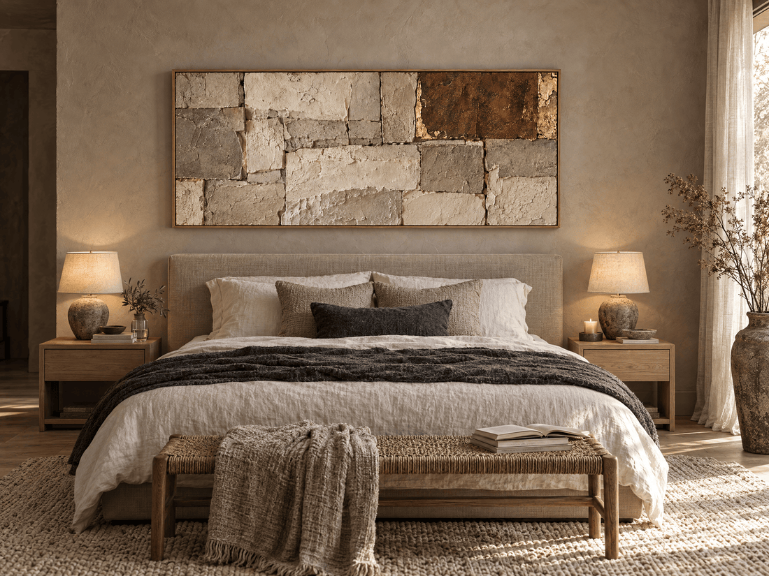 Panoramic stone block canvas above a bed in a neutral bedroom