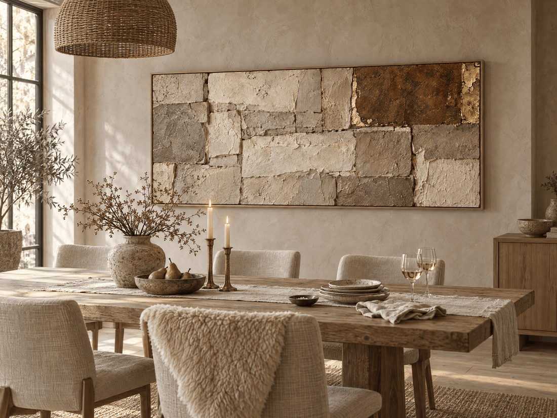 Stone block canvas with a rust panel above a rustic dining table