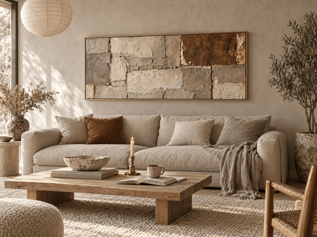 Cream and rust stone block canvas above a linen sofa in a living room