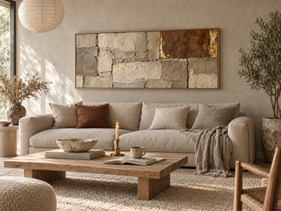 Cream and rust stone block canvas above a linen sofa in a living room