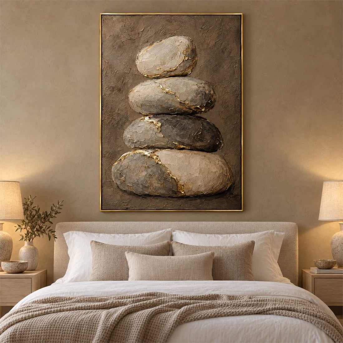 Stone Wall Art – Oversized Balanced Cairn with Gold Kintsugi Textured Look Canvas for Living Room - Sense for Decor