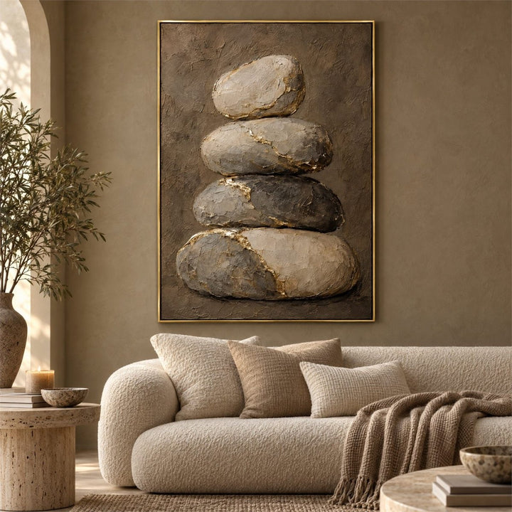 Stone Wall Art – Oversized Balanced Cairn with Gold Kintsugi Textured Look Canvas for Living Room - Sense for Decor