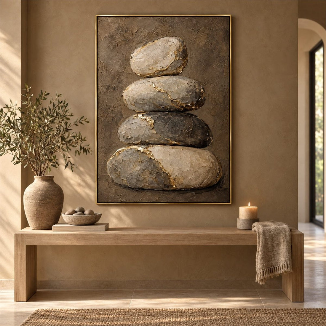 Stone Wall Art – Oversized Balanced Cairn with Gold Kintsugi Textured Look Canvas for Living Room - Sense for Decor