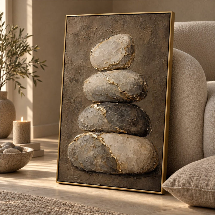 Stone Wall Art – Oversized Balanced Cairn with Gold Kintsugi Textured Look Canvas for Living Room - Sense for Decor