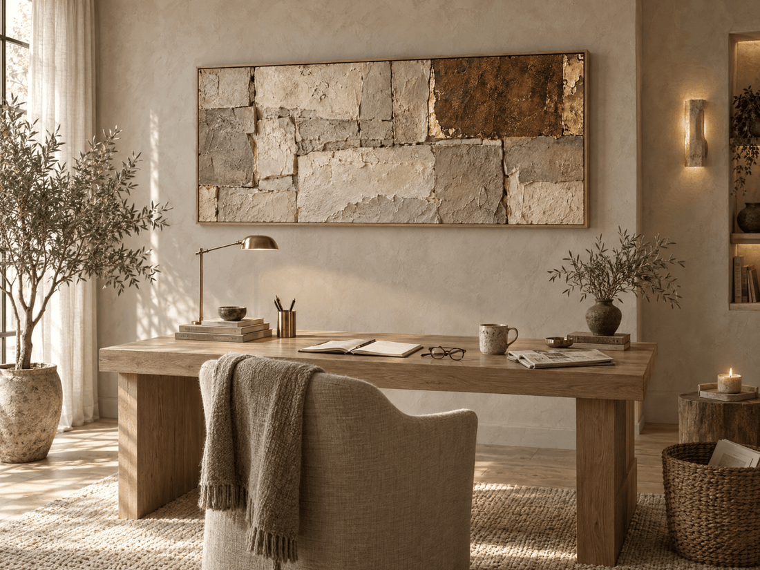 Stone Wall Art – Oversized Cream and Rust Block Textured Look Canvas for Living Room - Sense for Decor