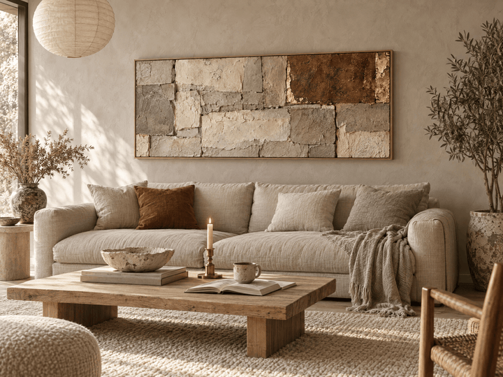 Stone Wall Art – Oversized Cream and Rust Block Textured Look Canvas for Living Room - Sense for Decor