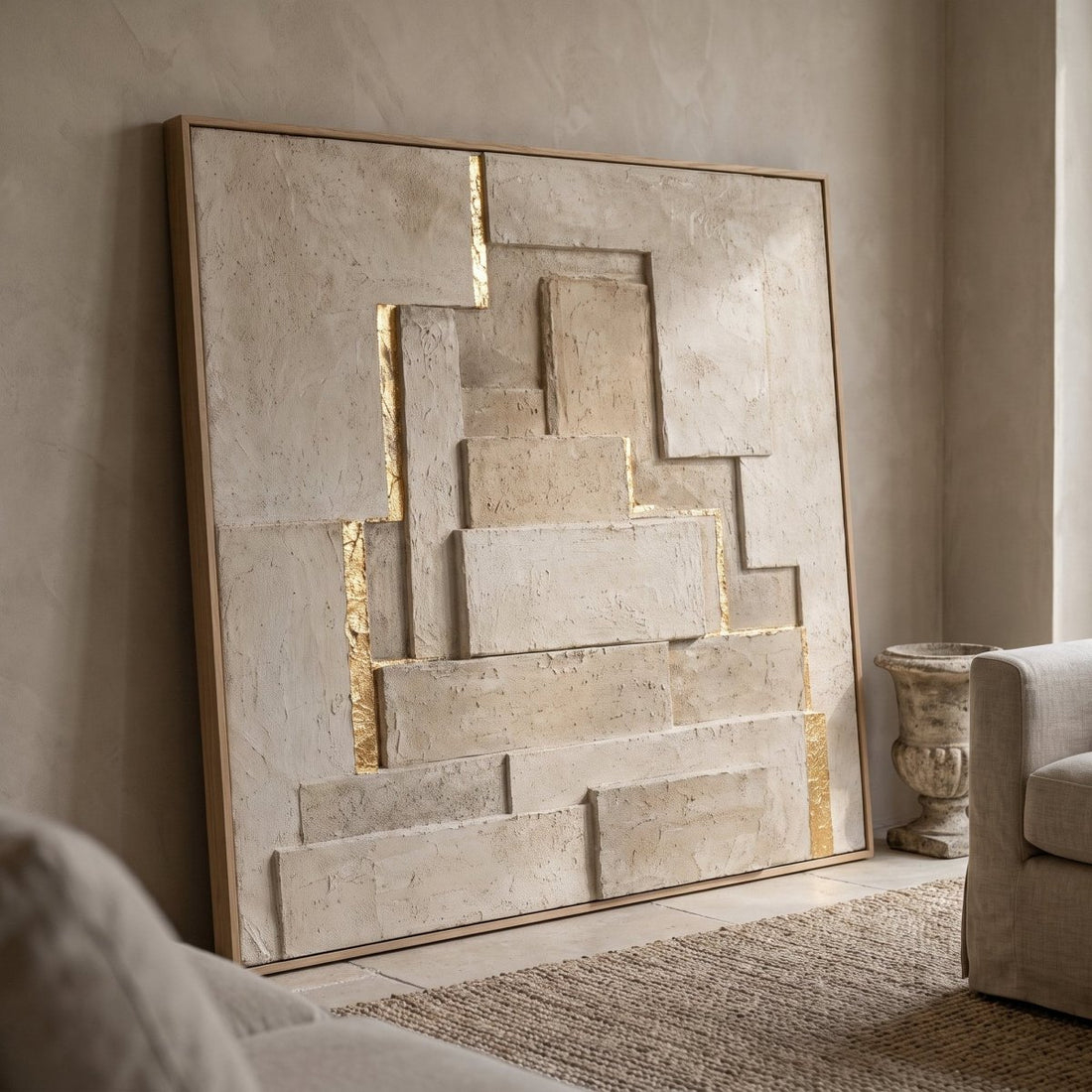 Stone Wall Art – Oversized Stepped Relief Textured Look Canvas with Gold Seams for Living Room - Sense for Decor