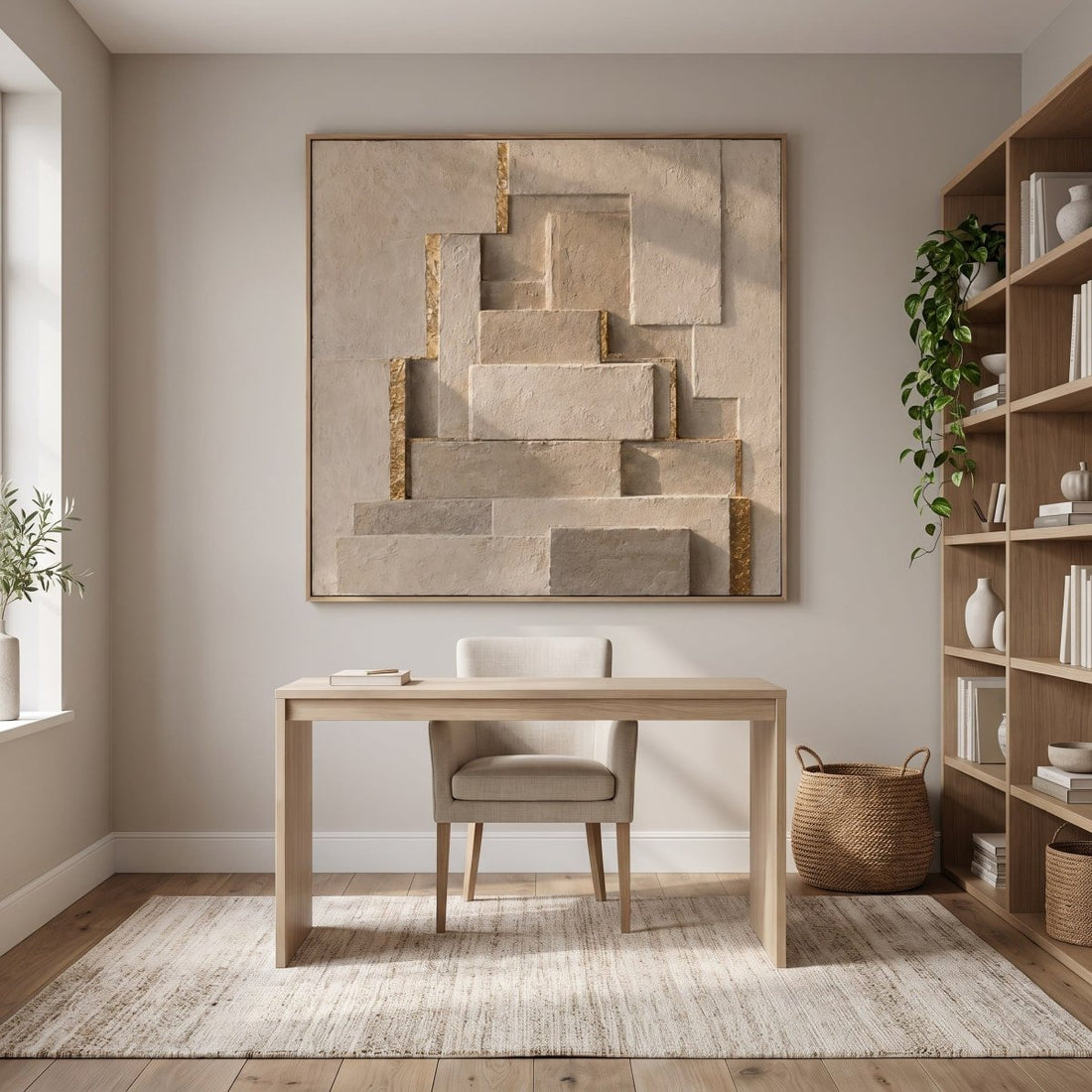 Stone Wall Art – Oversized Stepped Relief Textured Look Canvas with Gold Seams for Living Room - Sense for Decor