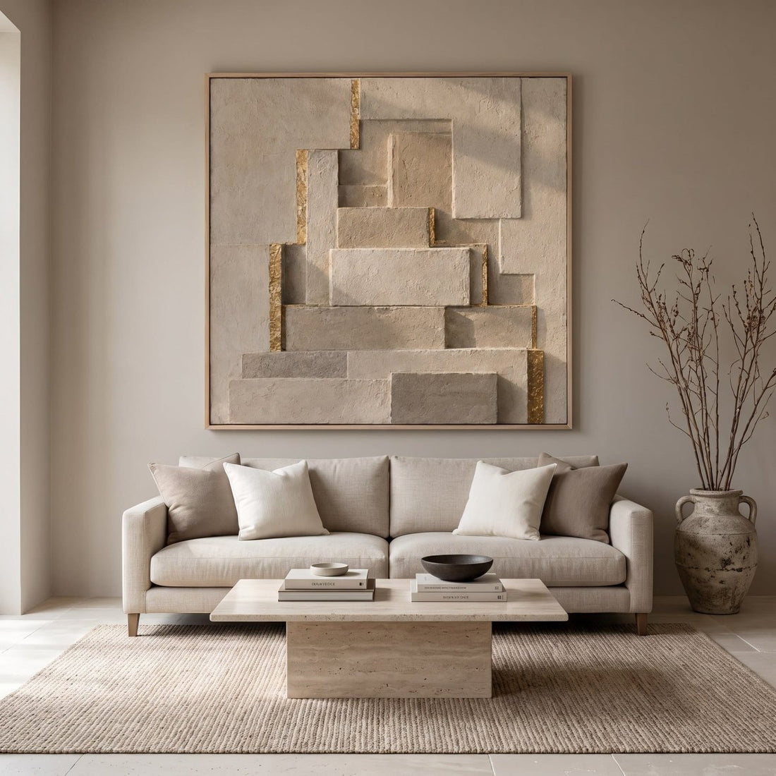 Stone Wall Art – Oversized Stepped Relief Textured Look Canvas with Gold Seams for Living Room - Sense for Decor