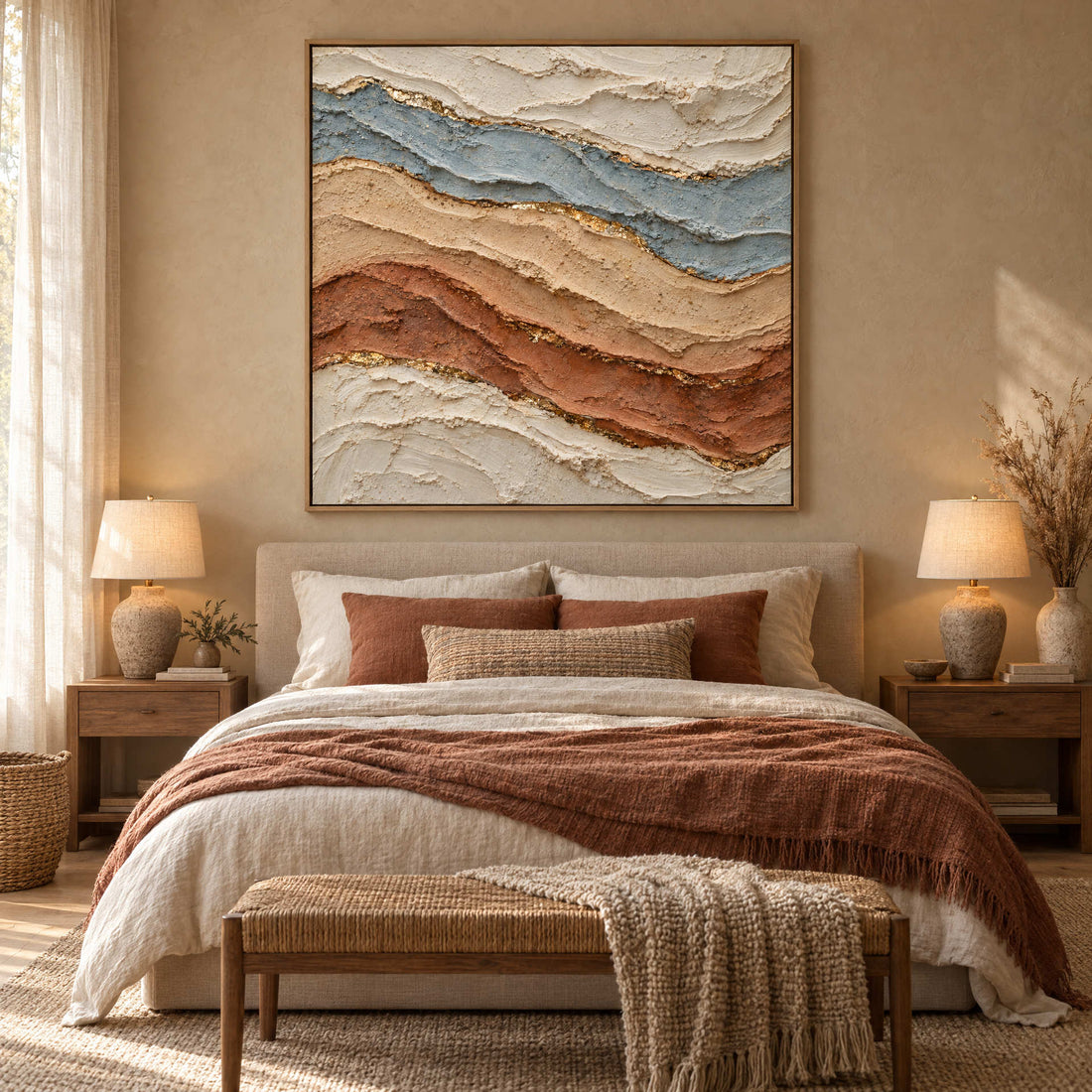Terracotta strata canvas above a bed in a warm sand bedroom
