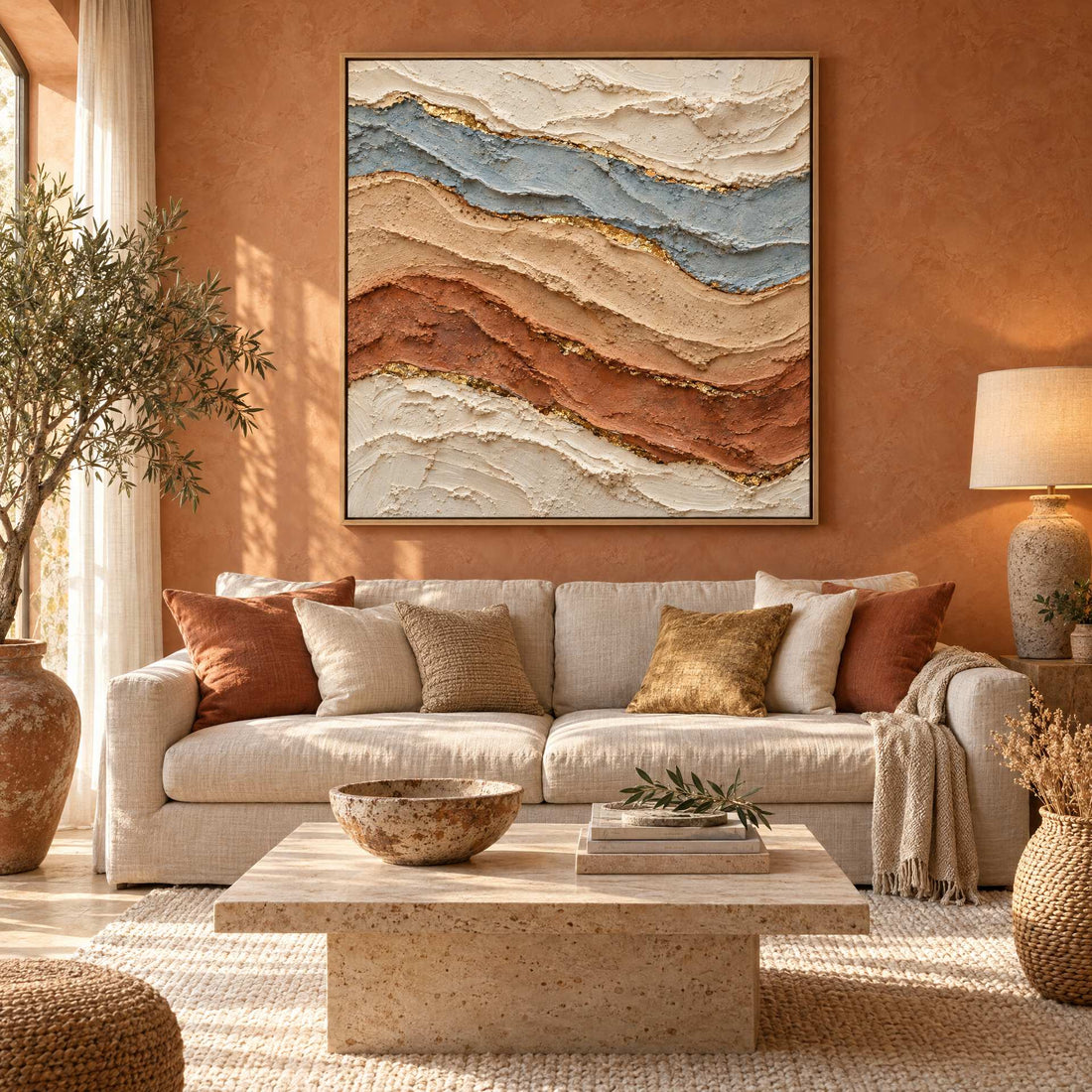 Terracotta desert strata canvas on a terracotta wall above a linen sofa