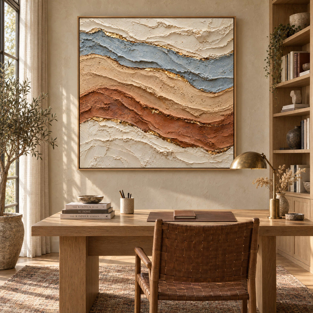 Desert strata canvas above an oak desk in a study