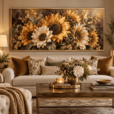 Sunflower Wall Art – Oversized Panoramic Bronze and Plum Textured Look Canvas for Dining Room - Sense for Decor