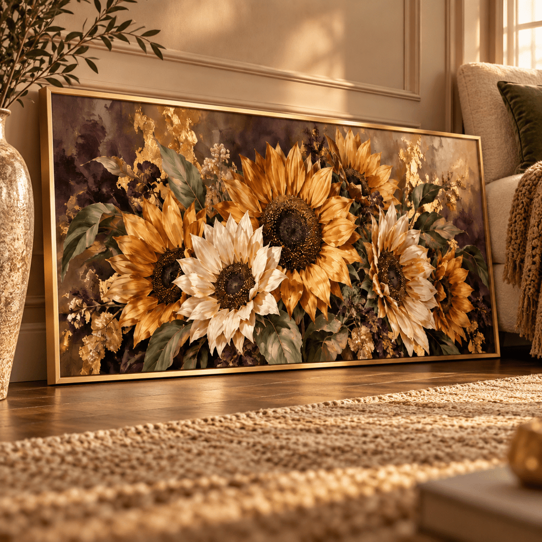 Sunflower Wall Art – Oversized Panoramic Bronze and Plum Textured Look Canvas for Dining Room - Sense for Decor