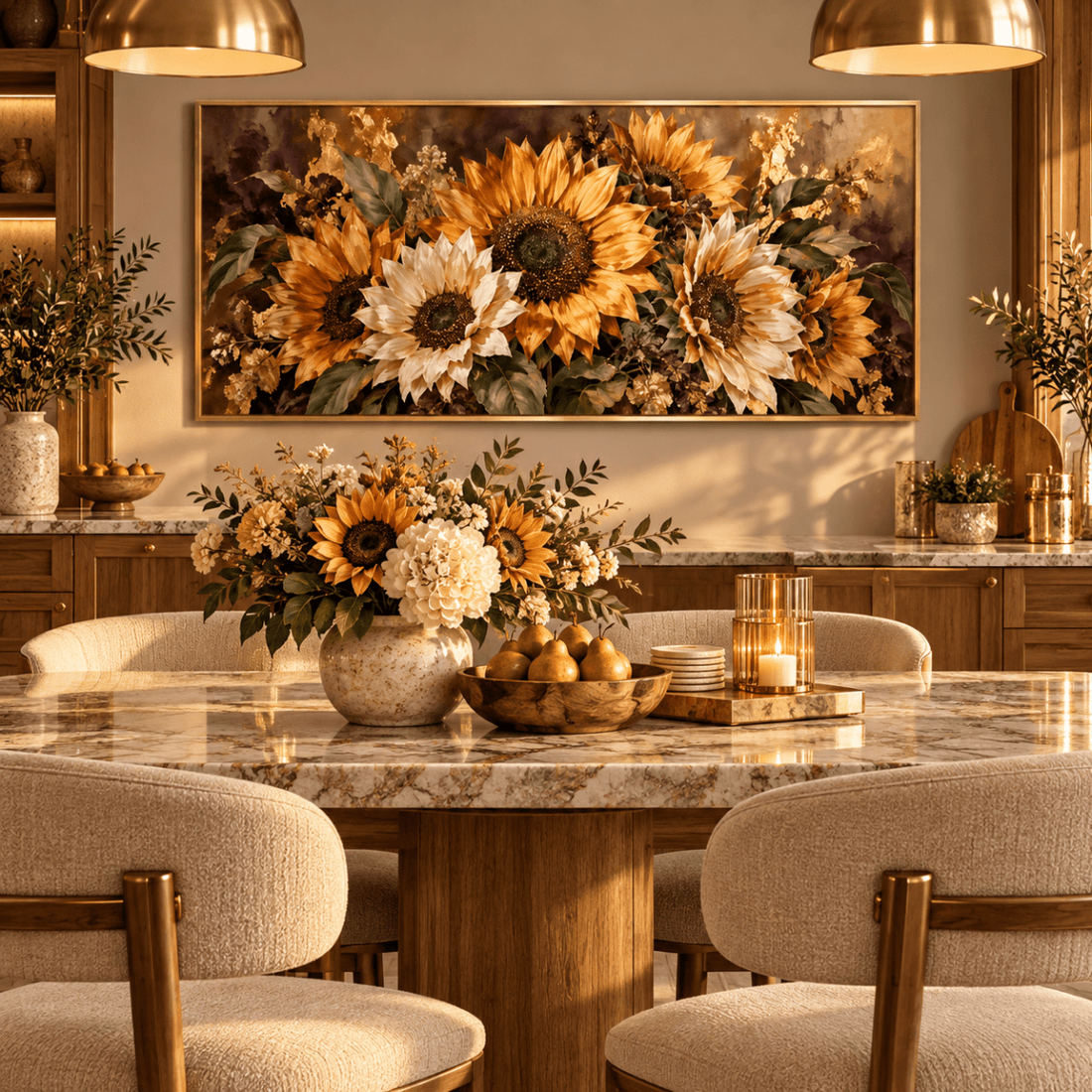 Sunflower Wall Art – Oversized Panoramic Bronze and Plum Textured Look Canvas for Dining Room - Sense for Decor