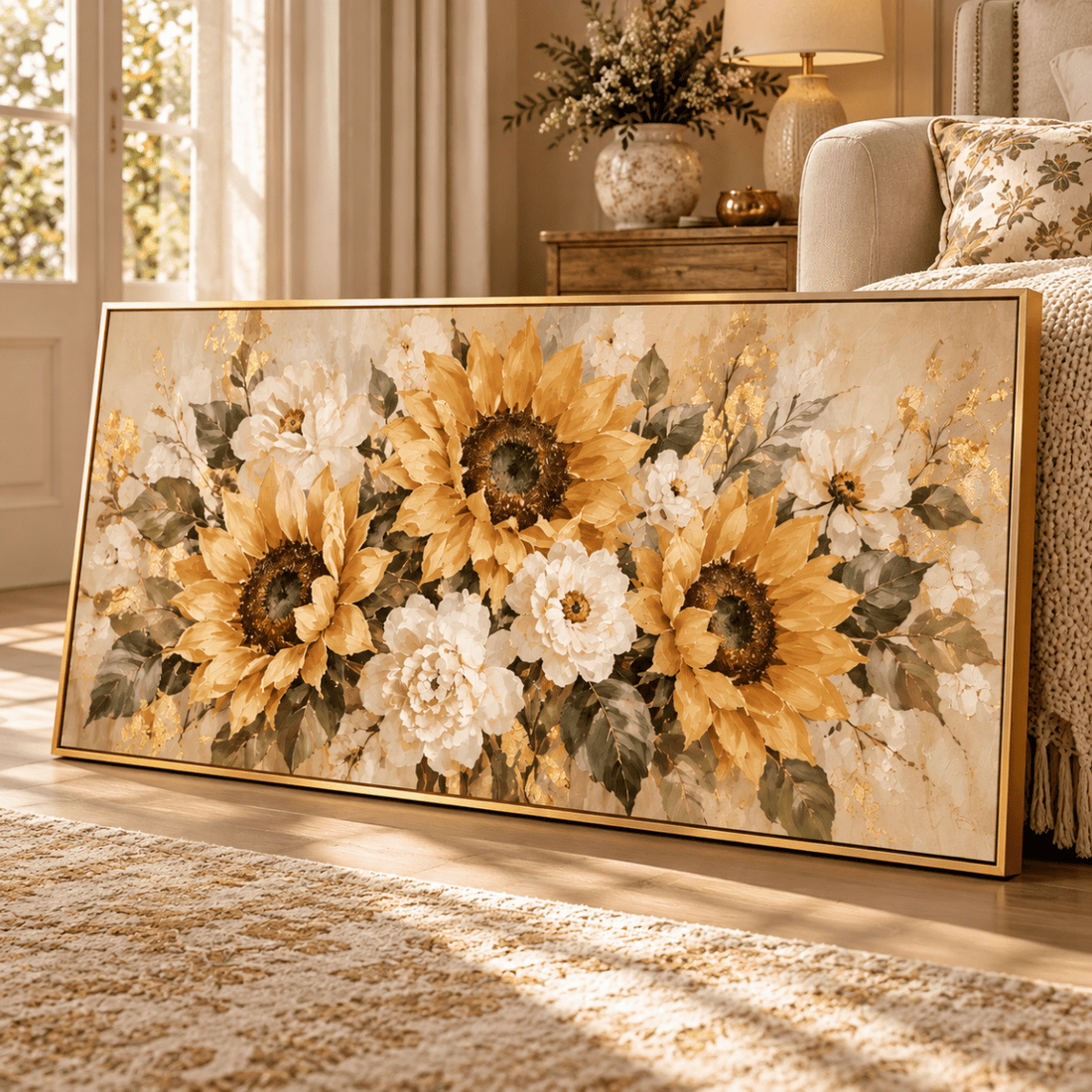 Sunflower Wall Art – Oversized Panoramic Gold and Cream Textured Look Canvas for Living Room - Sense for Decor