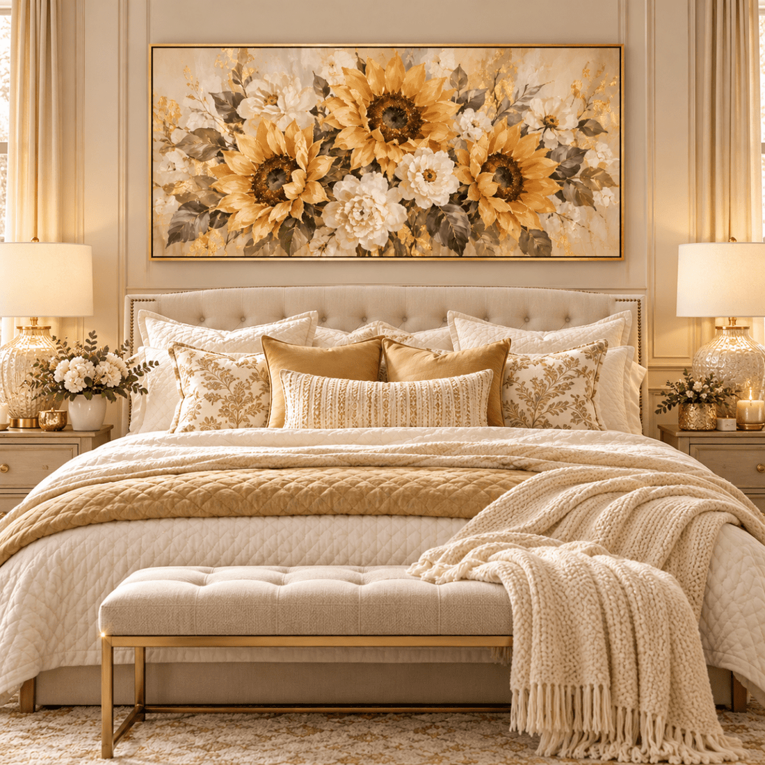 Sunflower Wall Art – Oversized Panoramic Gold and Cream Textured Look Canvas for Living Room - Sense for Decor